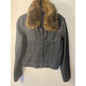 DKNY Dungaree Dark Jean Denim Blue Jacket Detachable Faux Fur Collar Large